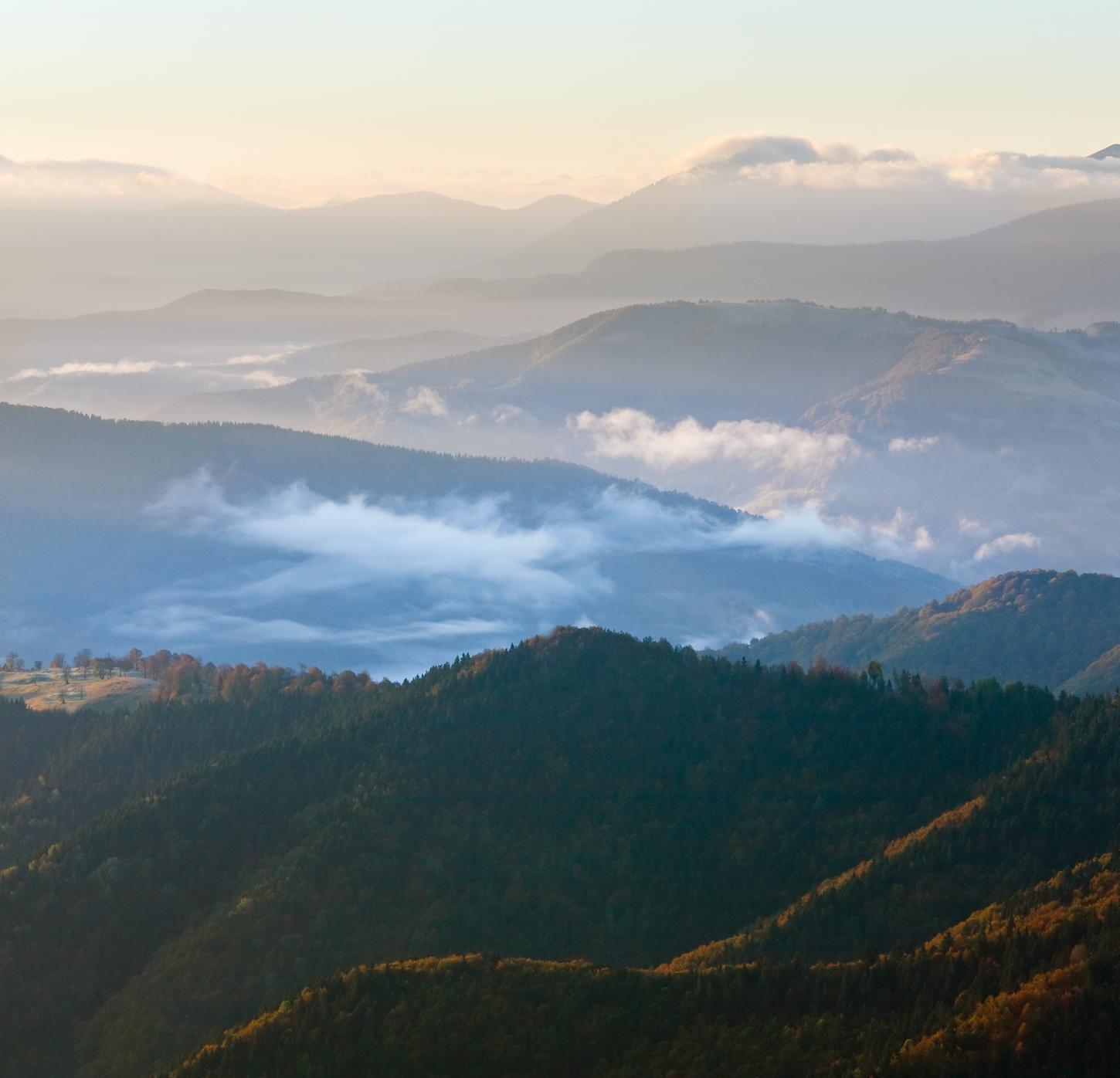 Mountain ridges rising above a sea of clouds